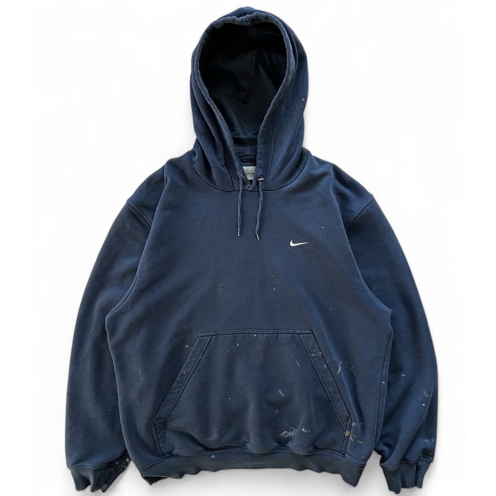 Vintage Y2K Navy Blue Nike Mini Swoosh Hoodie Sweatshirt M Paint Grunge Distress